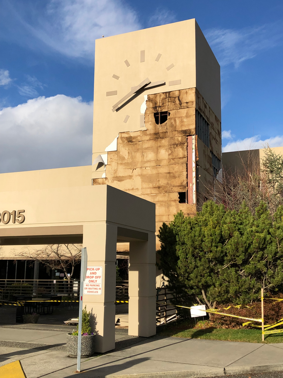 Some of the exterior facade on Peace Health’s Medical Office Plaza on Squalicum Parkway was blown off by high winds that hit Whatcom County Thursday. A hospital spokeswoman said contractors will assess the damage and determine what needs to be done to keep it water tight.