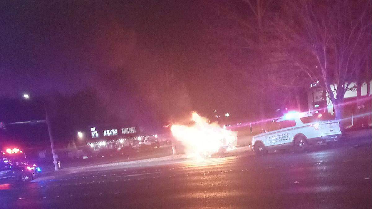 A car burns after a fatal collision at 9:44 p.m. Friday, Jan. 6, in the 4200 block of Meridian Street in Bellingham.