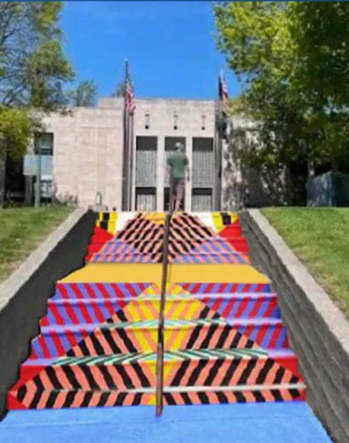 A mural is shown on the steps between City Hall and the Bellingham Public Library during a presentation given to the City Council on July 1. The design is only an example, and the actual art isn’t finalized, a city official said.