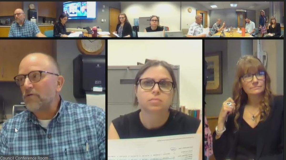 In a screenshot from a June 11 meeting in Whatcom County Council offices, Finance Manager Brad Bennett, left, and Deputy County Executive Kayla Schott-Bressler, center, offer preliminary information about the 2025-2026 budget.