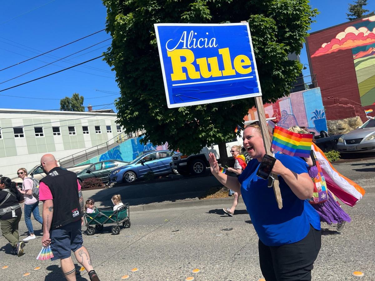 State Rep. Alicia Rule, D-Blaine, walks in the Whatcom Youth Pride Parade in Bellingham, Wash. on Saturday, June 3, 2023.