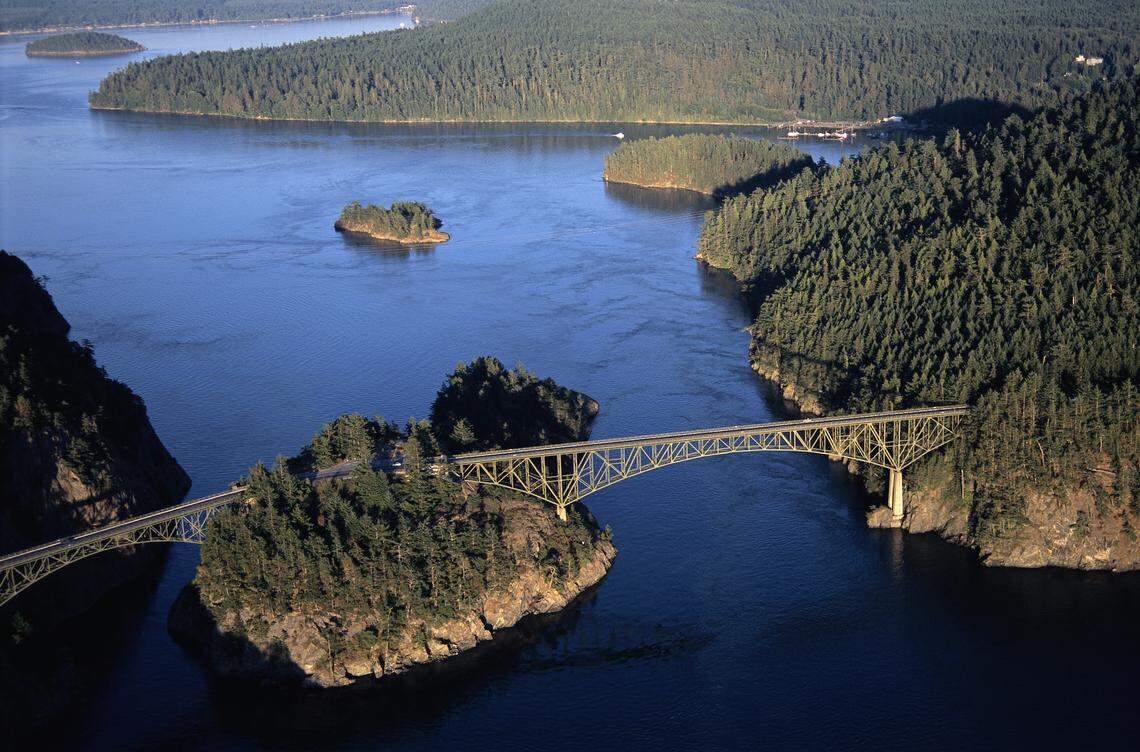 Deception Pass bridge connects Whidbey and Fidalgo Islands in Puget Sound. 
