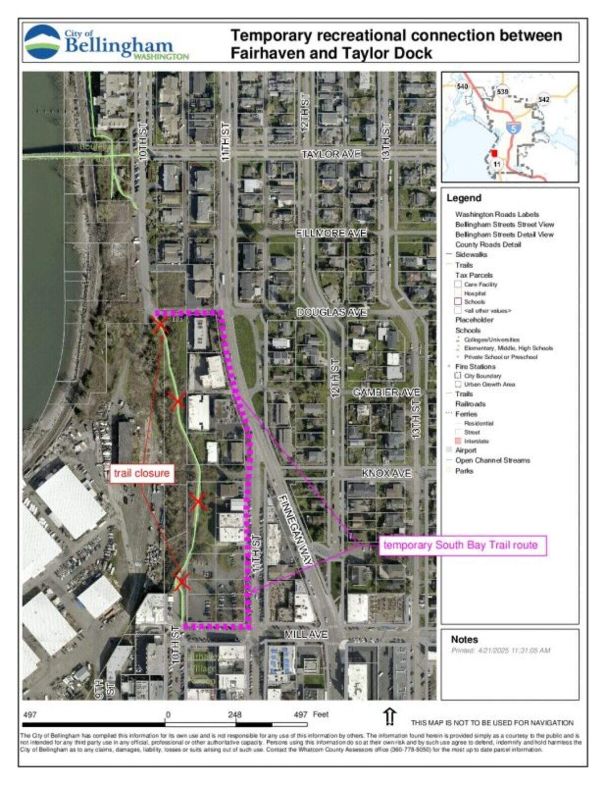 A map shows a planned South Bay Trail detour using Douglas Avenue, 11th Street and Mill Avenue. Closure is slated for late July 2025 and is expected to last 18 months during the construction of two long-planned projects.