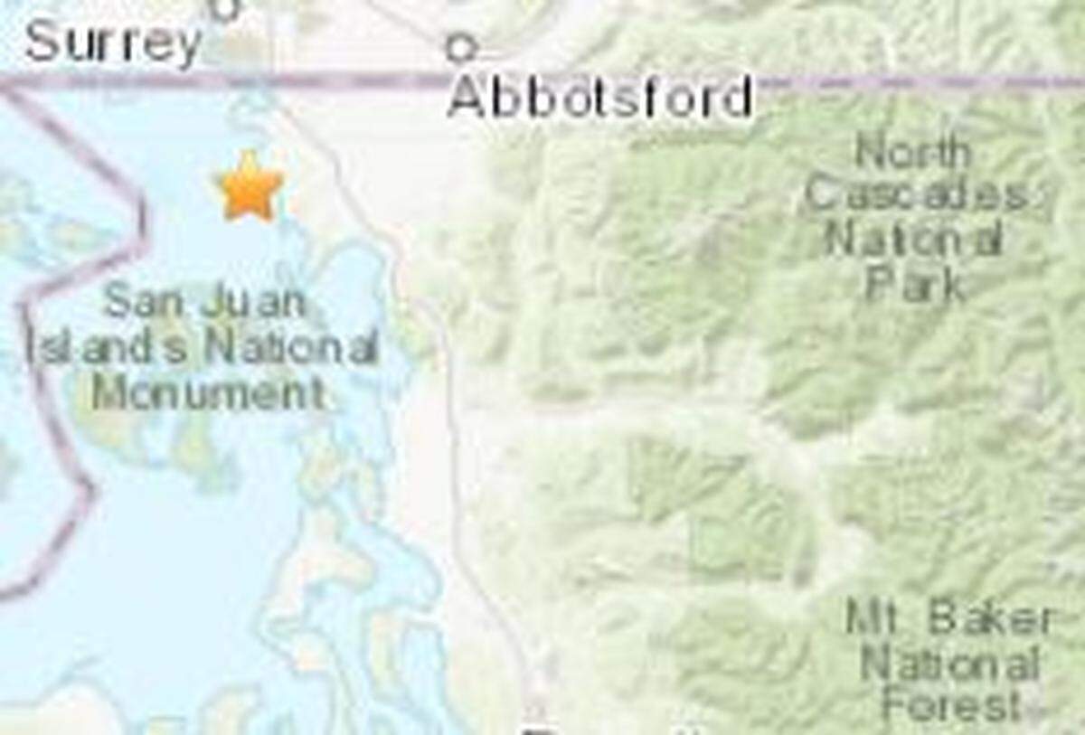 A quake of magnitude 2.1 was reported at 2:45 p.m. Tuesday, Feb. 21, about 4 miles from Birch Bay.
