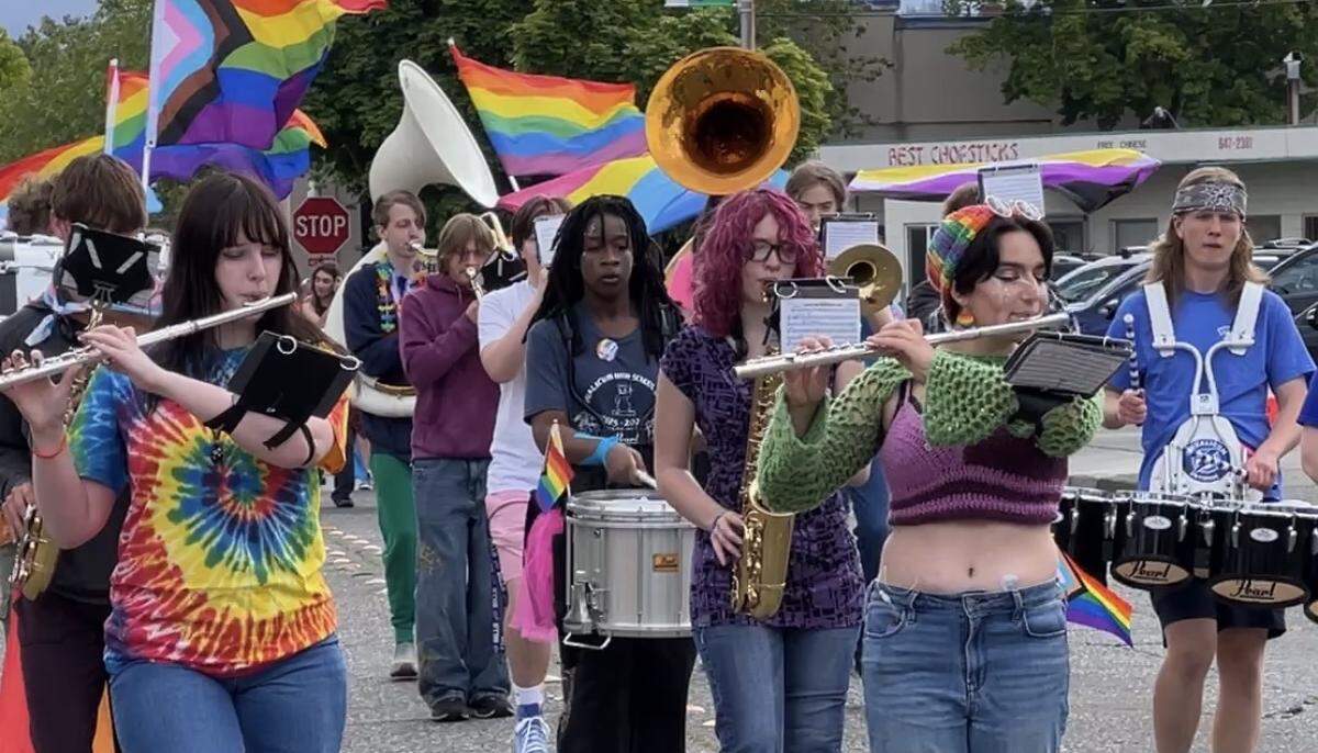 A marching band plays Lady Gaga’s queer anthem “Born This Way” during the Whatcom Youth Pride parade Saturday in downtown Bellingham.