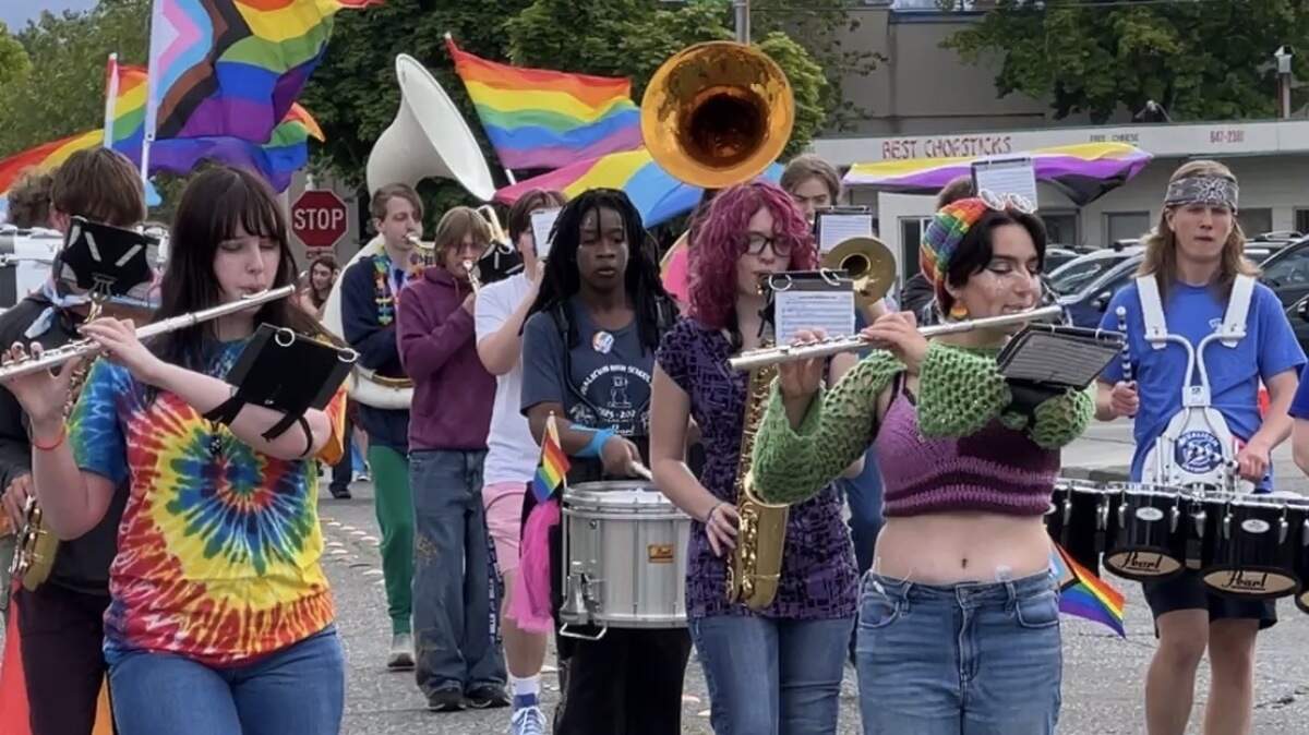 A marching band plays Lady Gaga’s queer anthem “Born This Way” during the Whatcom Youth Pride parade in downtown Bellingham, Wash., on Saturday, May 30, 2026.