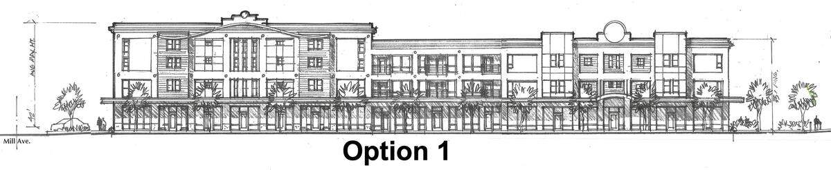 A rendering shows the first design option for a Fairhaven mixed-use development proposal.