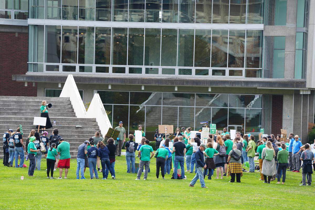 Western Washington University public service employees and members of the Washington Federation of State Employees union, joined a statewide walkout to demand fair pay and safe staffing levels on Tuesday, September 10, 2024, in Bellingham, Washington.