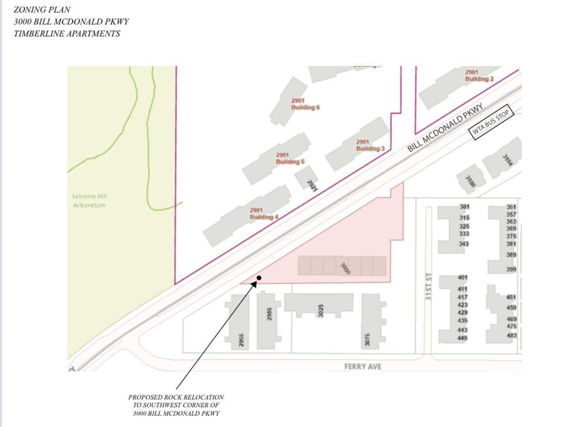 A map shows the proposed location of the Bellingham Rock along Bill MacDonald Parkway.