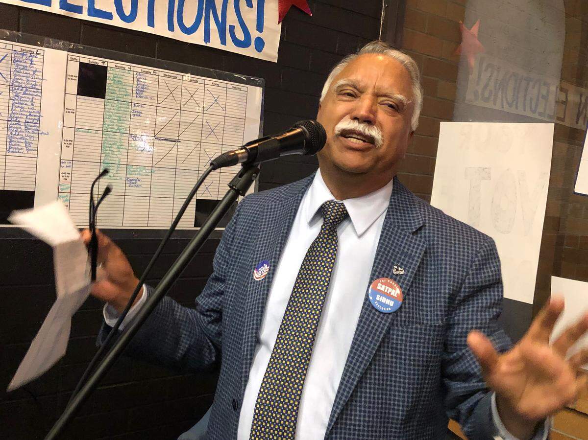 Whatcom County Executive Satpal Sidhu speaks to supporters at his election-night party at the Whatcom Democrats’ office in downtown Bellingham on Nov. 5, 2019.
