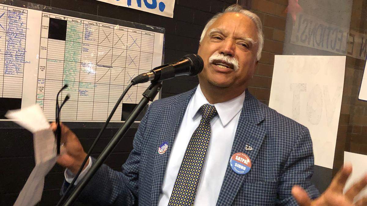 Whatcom County executive candidate Satpal Sidhu speaks to supporters at his election-night party at the Whatcom Democrats’ office in downtown Bellingham in 2019.