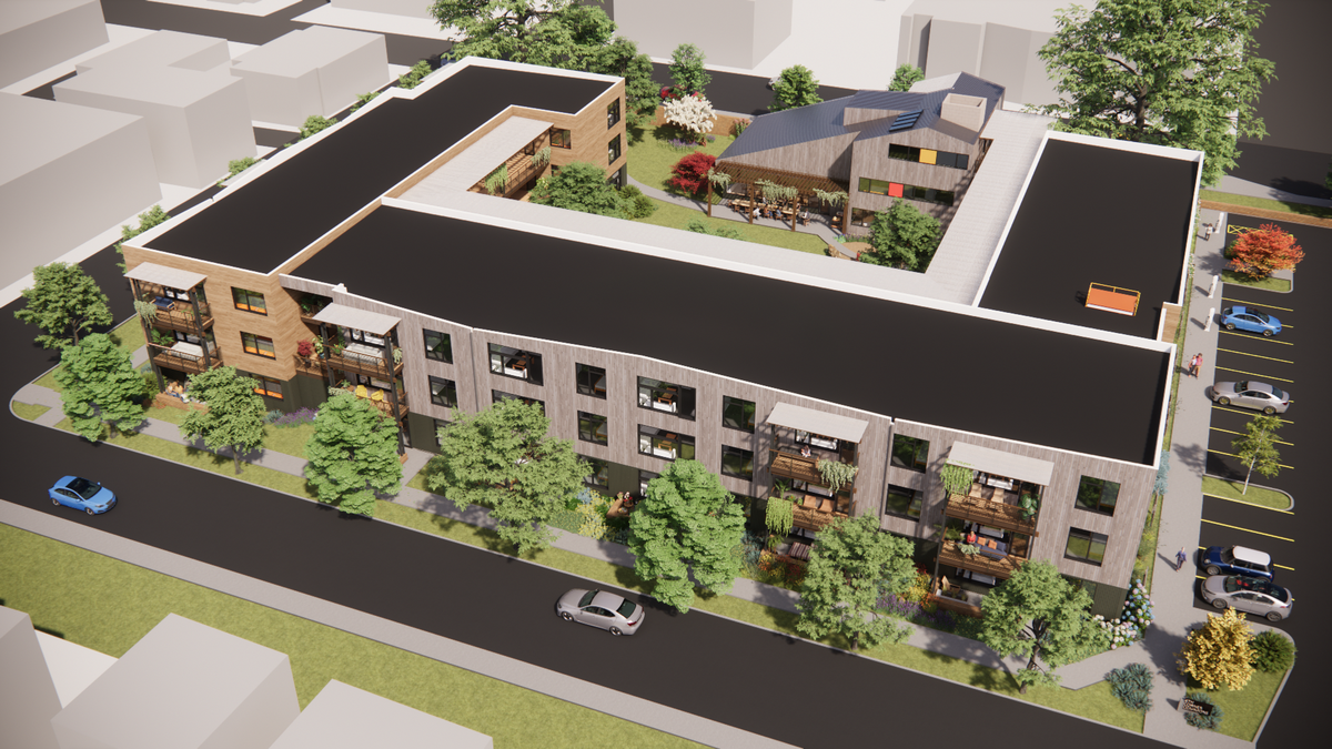 A rendering shows a bird's-eye view of the proposed design for 4th Corner Commons.