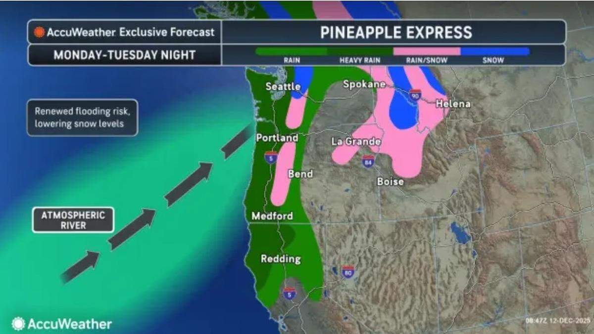 An AccuWeather graphic shows the path of a “Pineapple Express,” a type of atmospheric river, that could drench Washington state next week.