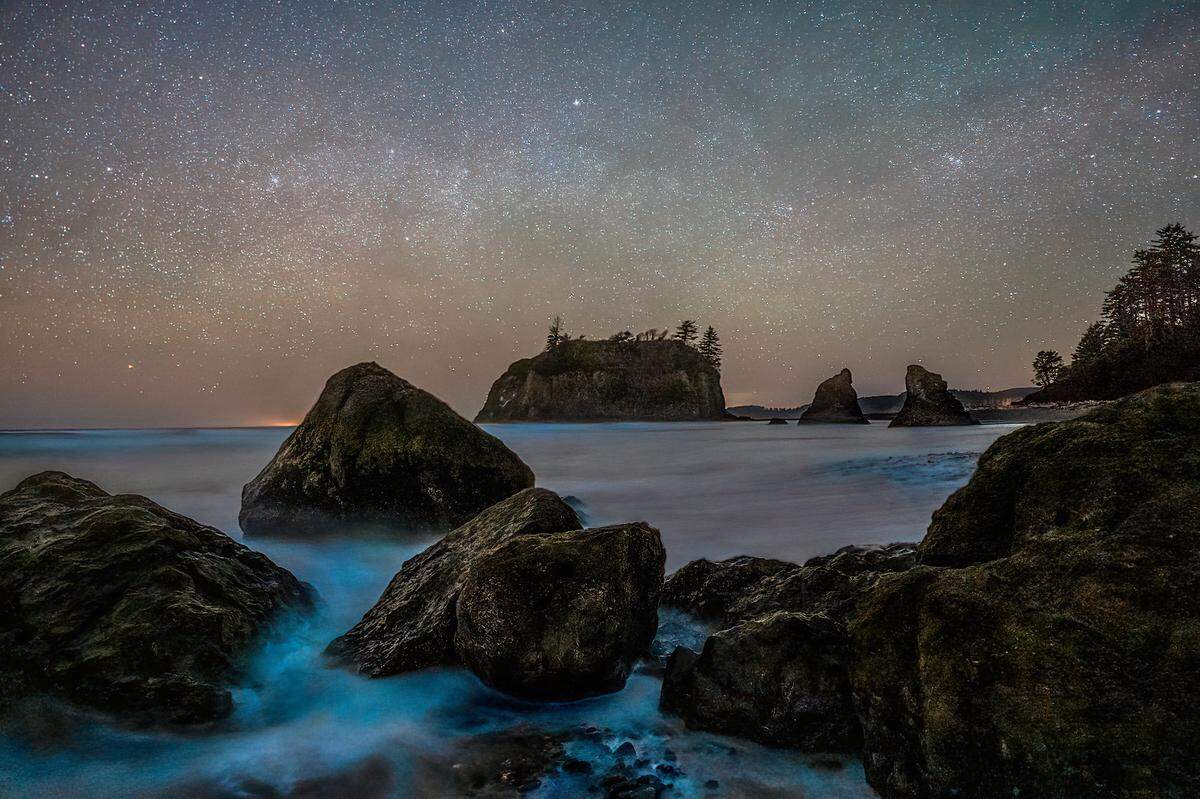 Waves stimulate bioluminescence from plankton at Ruby Beach in Jefferson County, Wash., on Friday, Feb. 25. Western Washington University and the Community Boating Center are working to research plankton that make Whatcom waters glow in the summer with bioluminescence.