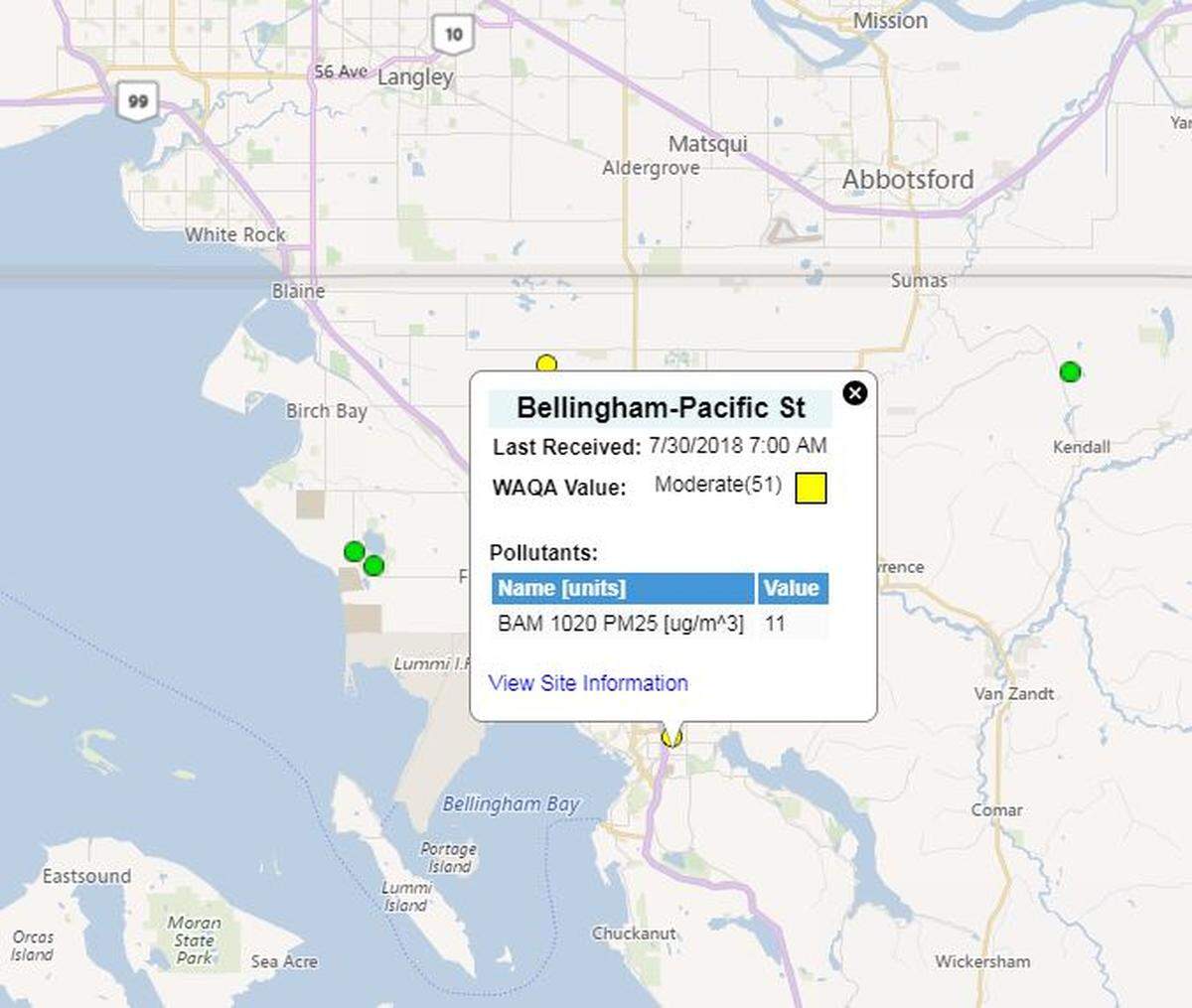Air-monitoring sites in Bellingham and near Custer were showing moderate air quality at 7 a.m. Monday.