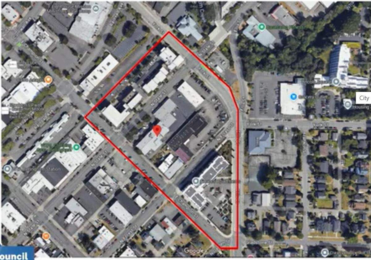 A red line shows the boundary of a shelter protection zone that the city of Bellingham established for the new Way Station, which will offer health care, laundry and showers for unhoused residents.