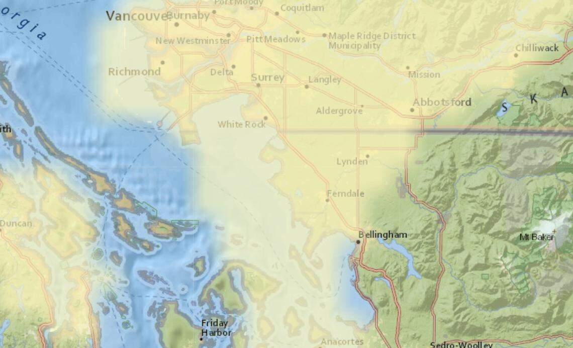 A map shows wildfire smoke across parts of Whatcom County on Monday. The smoke is from the Sailor Bar fire in the Fraser River Valley.