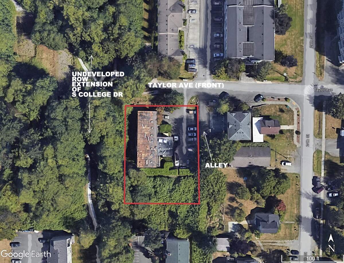 An aerial photo of the Taylor Creek Park Apartments in Bellingham outlines the area where the building will expand when it undergoes structural additions.