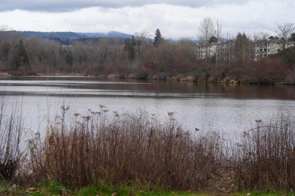 Multifamily housing looks out over Sunset Pond. Visitors were able to loop the pond for the first time in February after a new 1.2-mile trail and bridge system opened.
