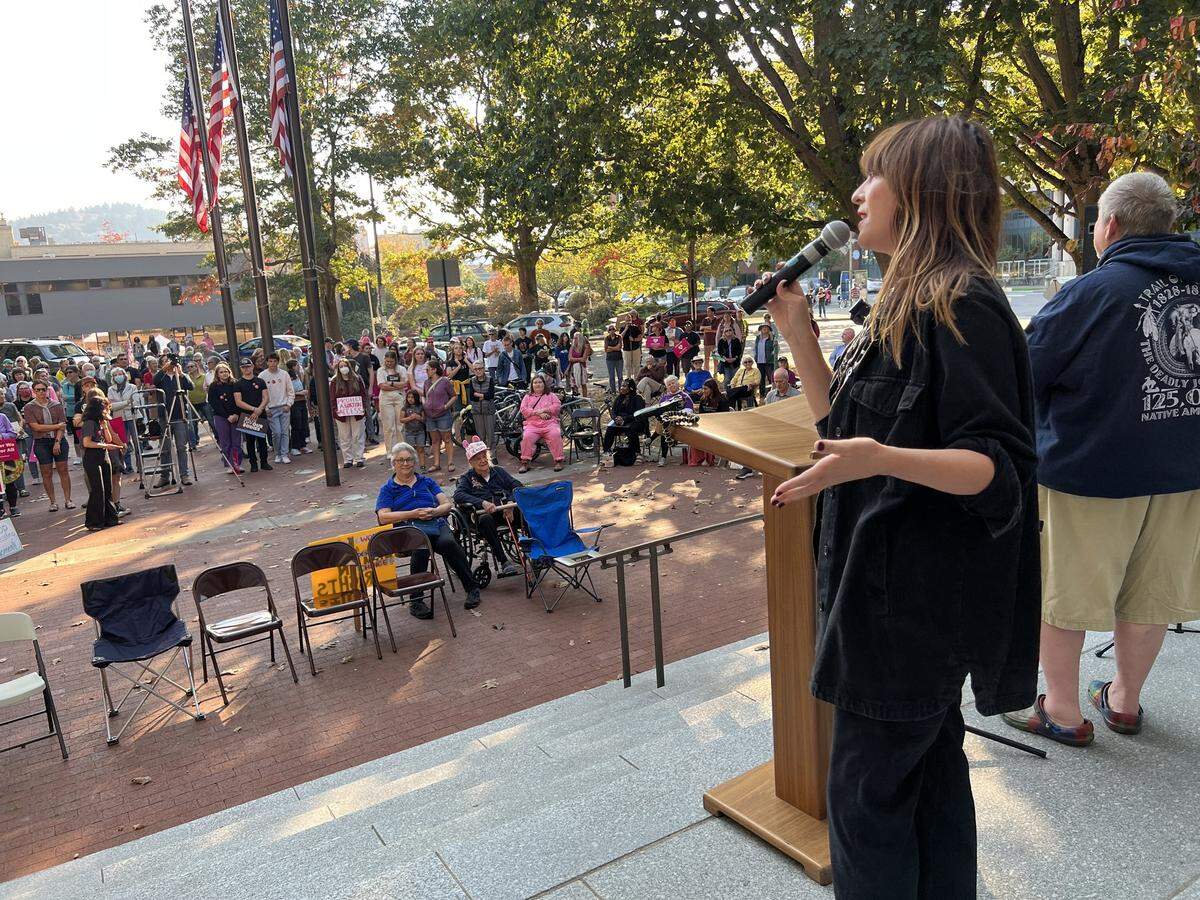 “They’re coming for absolutely all of us,” said Amelia Bonow, founder and director of Shout Your Abortion, at an event held by Indivisible Bellingham Saturday, Oct. 8, in front of City Hall that coincided with Women’s March for reproductive rights rallies across the nation.