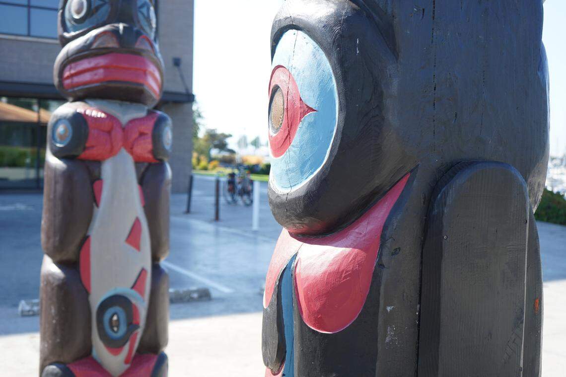 The Double Thunderbird native art installation designed to tell stories of morality stands tall at Bellwether Plaza Thursday, Sept. 22, in Bellingham.