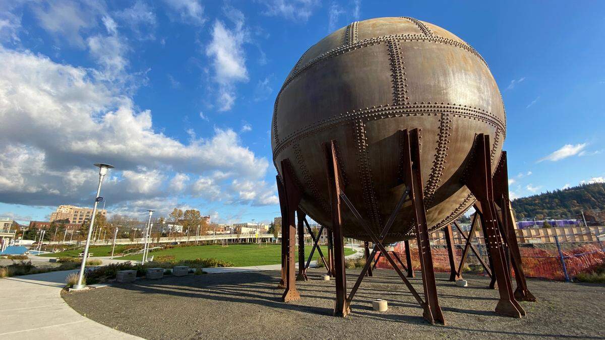 Waypoint Park in Bellingham, which includes the “Waypoint” reflective sculpture originally used in wood pulp processing, will eventually stretch to the front of waterfront condominiums under construction in fall 2020.