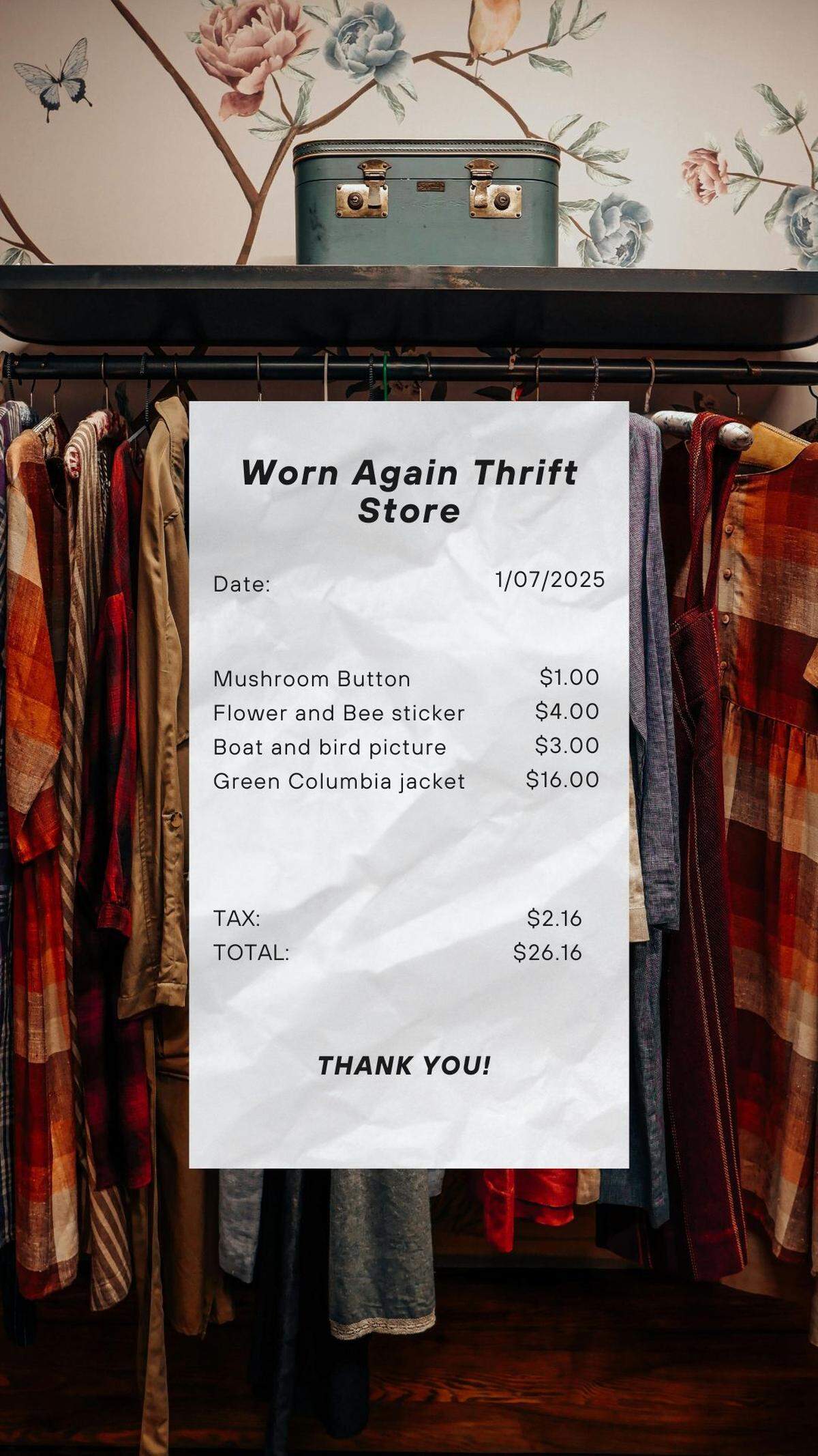 A receipt for Worn Again Thrift Store In Bellingham. 