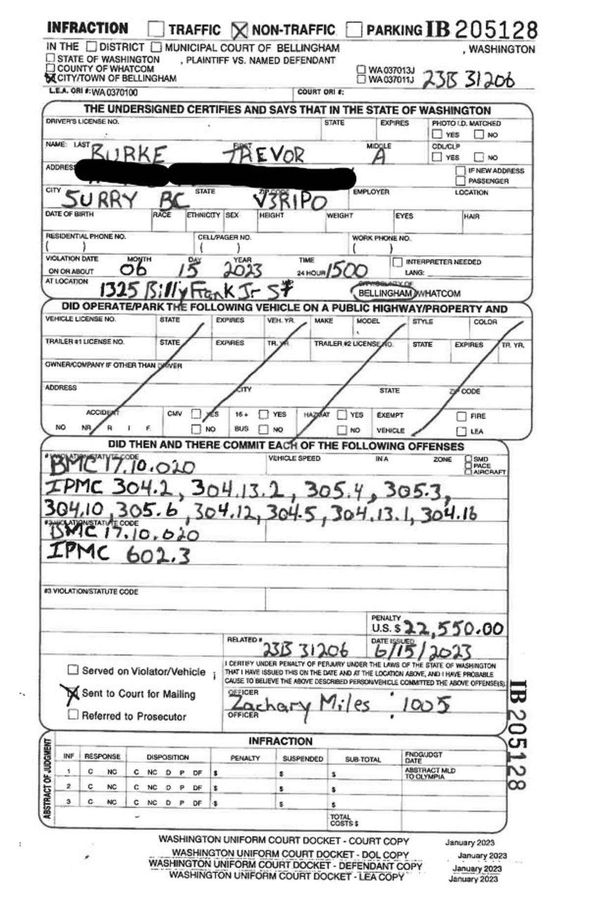 Trevor A. Burke of Surrey, B.C., was issued a non-criminal citation for code violations under Bellingham’s renter-registration law.