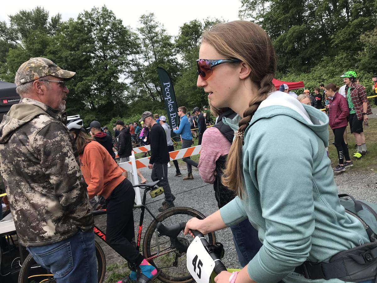 Alyssa Reetz of Are We There Yet? team heads to the pre-race cyclocross meeting at Hovander Park for the Ski to Sea race Sunday, May 29.