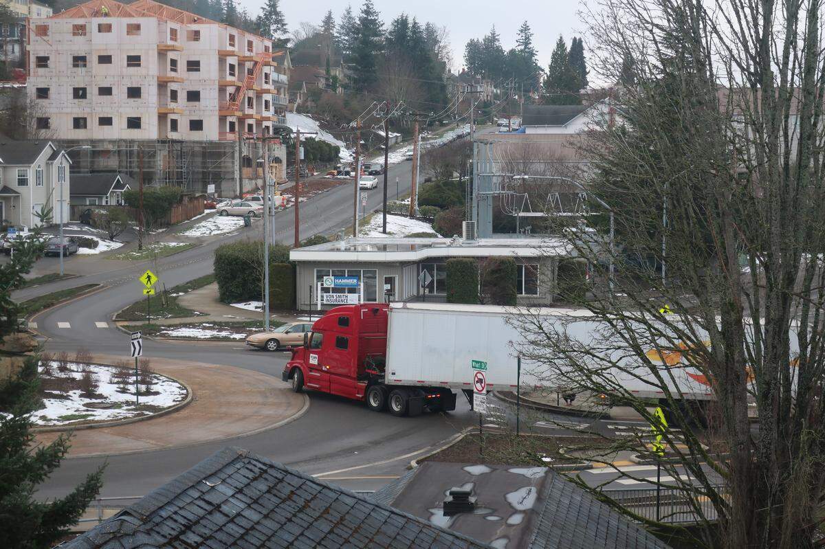 A semi-turck was stuck for several minutes Wednesday morning as it tried to turn from Wharf Street to Boulevard in a five-way roundabout.