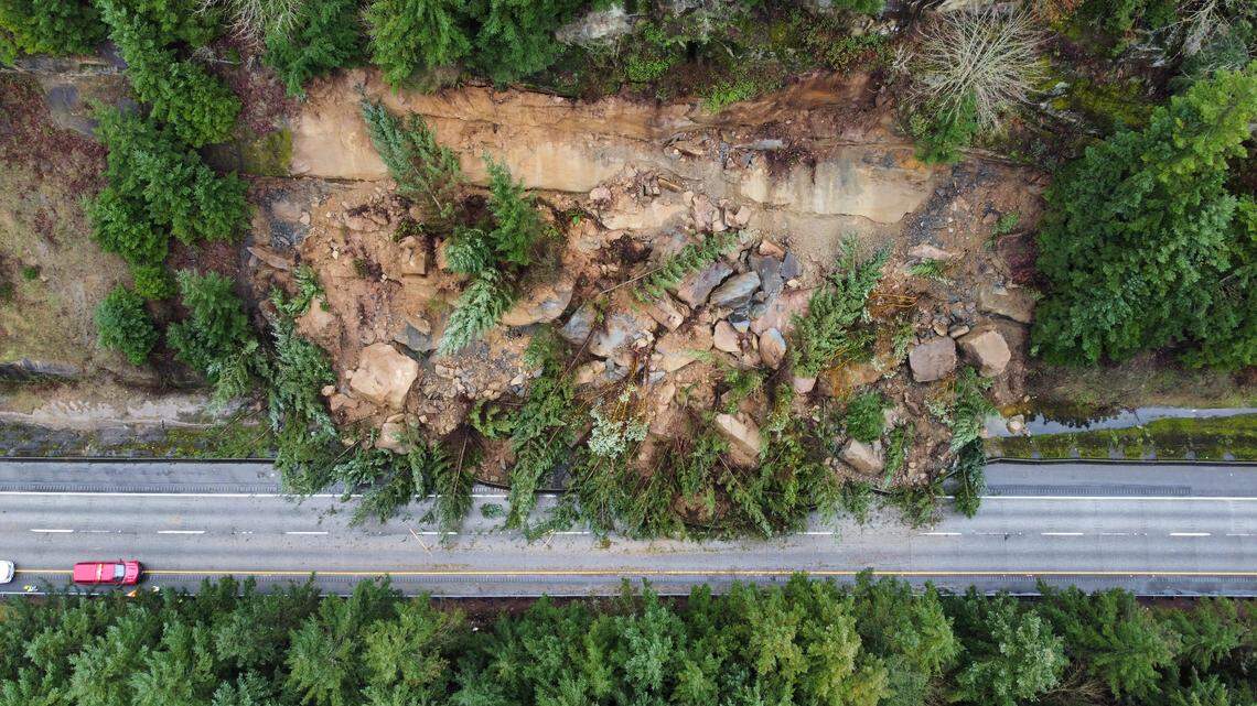 An aerial image shows the landslide that closed I-5 northbound south of Bellingham on March 19, 2026.