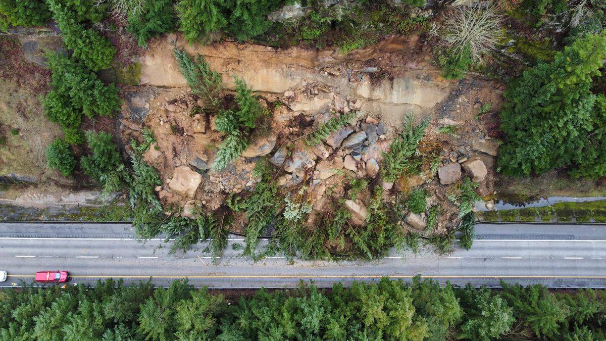 An aerial image shows the landslide that closed I-5 northbound south of Bellingham on March 19.