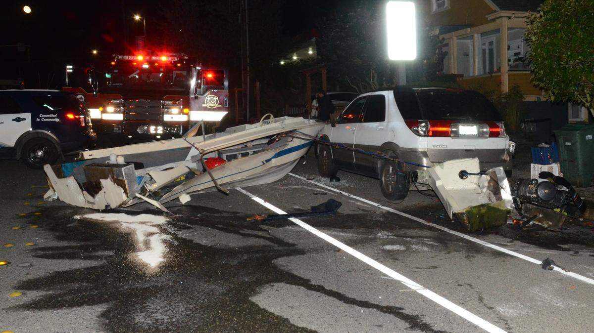 A 35-year-old man was arrested Thursday, Sept. 27, after he allegedly shoved a Bellingham, WA, police officer investigating an accident after an 18-foot boat detached from a trailer he was towing in Fairhaven and collided with a parked car.