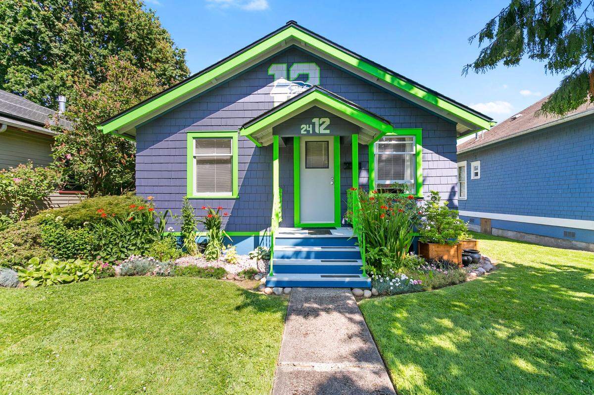 The Seahawk-decorated Sunnyland home is for sale by Molly Visser through John L. Scott in Bellingham.