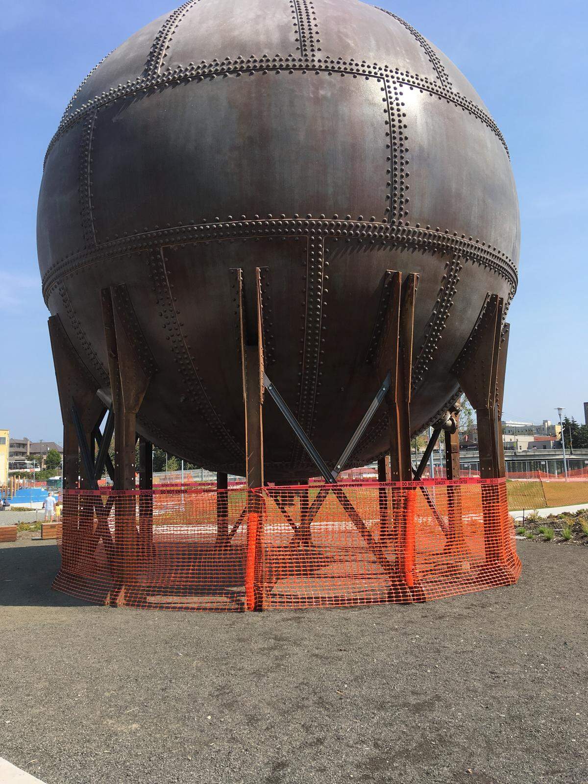 City of Bellingham crews spent several hours. using paint remover, a grinder and a pressure washer, in July and August to remove grafitti from the ‘acid ball’ sculpture in Bellingham’s Waypoint Park.