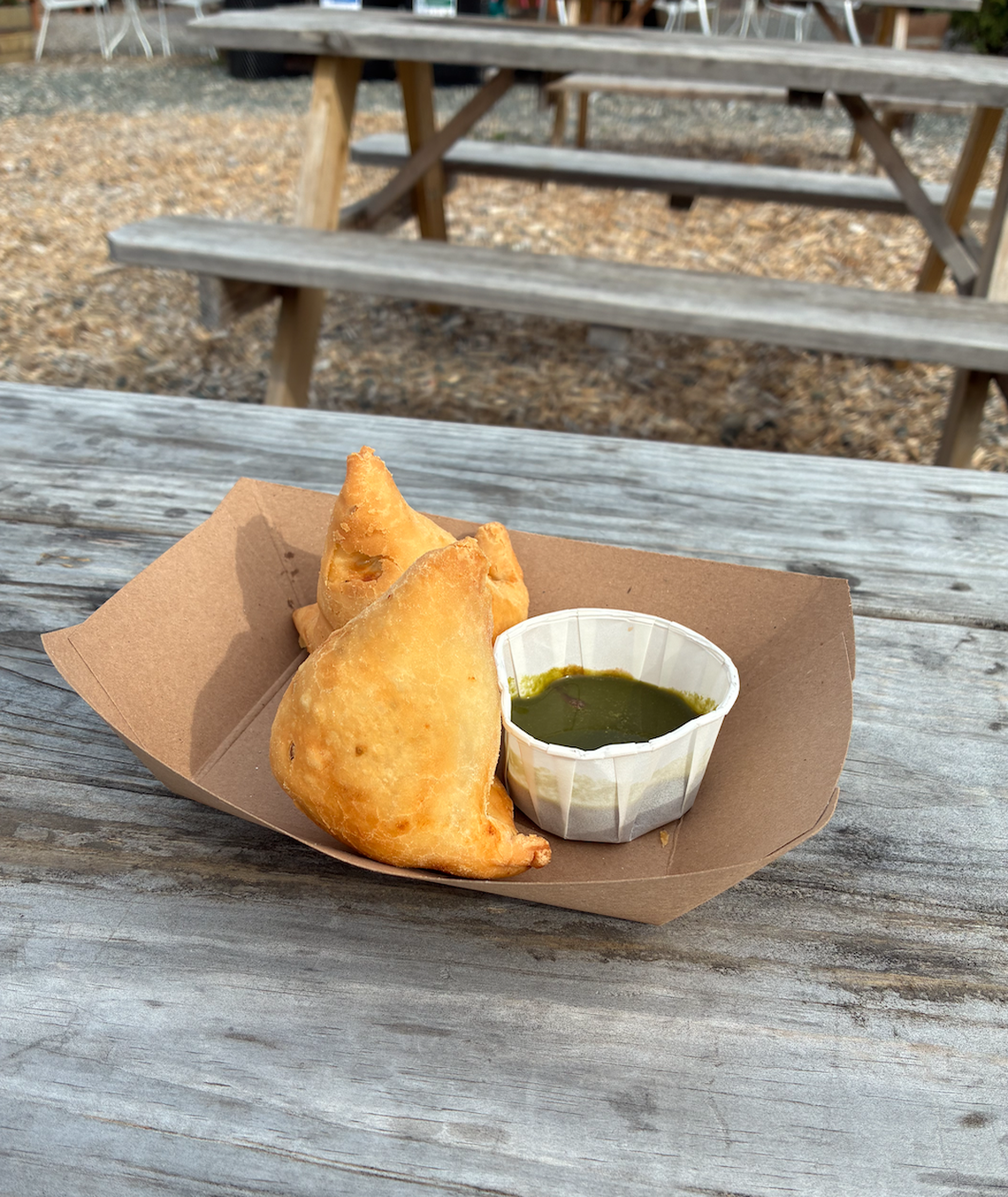 The vegetable samosas from the Nana J’s food truck next to Trackside Beer Garden cost $6.95.