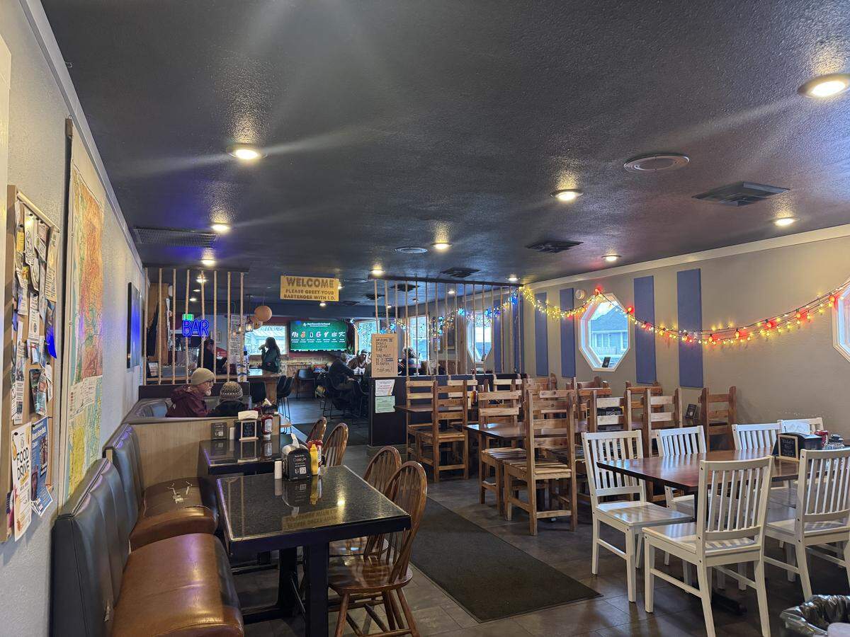 The dining area and bar inside Doug’s Burgers at 2527 Meridian St. in Bellingham, Wash. on March 11, 2026.