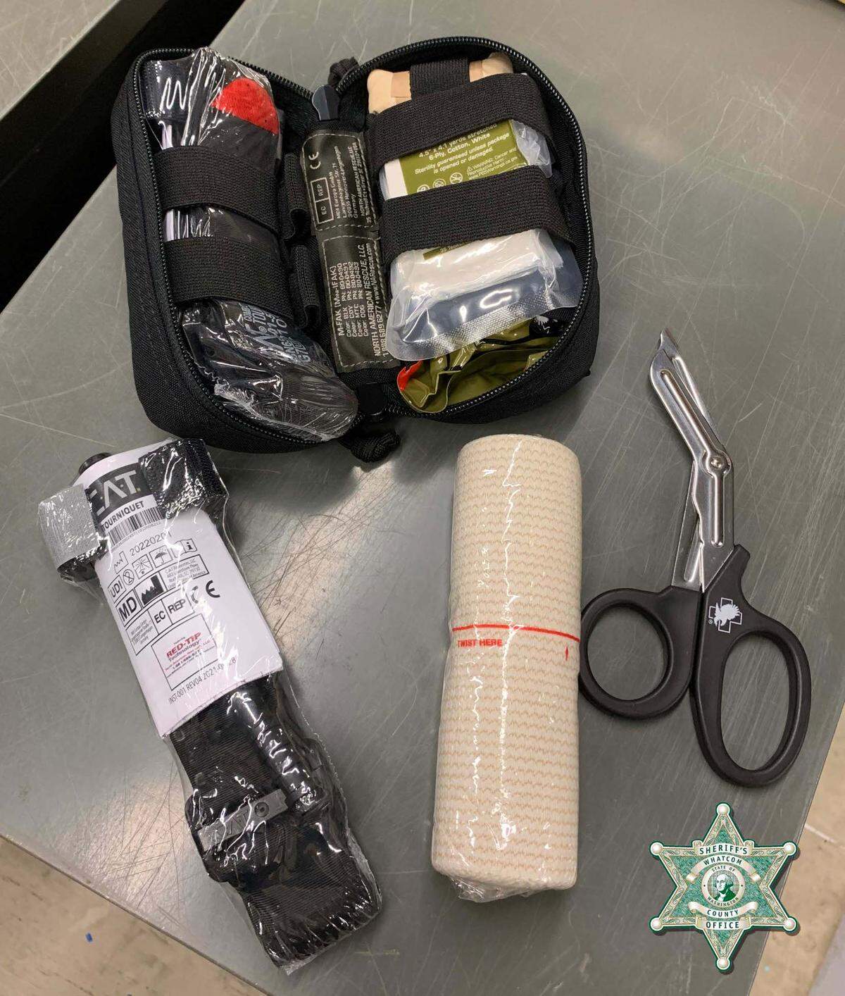 The Foothills Community Alliance donated 60 trauma kits to the Whatcom County Sheriff’s Office, each including tourniquets, shears, gloves and bandages in a lightweight, compact package that will allow each deputy to carry medical supplies to quickly treat serious injuries they encounter in the field.