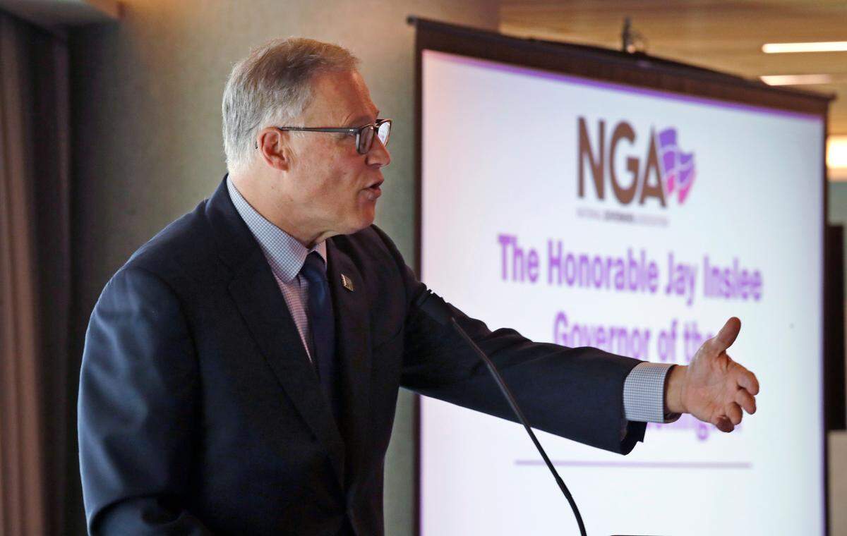 Gov. Jay Inslee addresses a workshop about transportation electrification in 2019 in Seattle. The third of four regional workshops, sponsored by the National Governors Association, was to help states develop strategies and improve the planning and deployment of charging infrastructure, as well as electric vehicle incentive programs. The association representing the 55 governors of states and territories has been working with state and industry leaders to develop and implement best practices across states to accommodate the adoption of electric vehicle technologies.