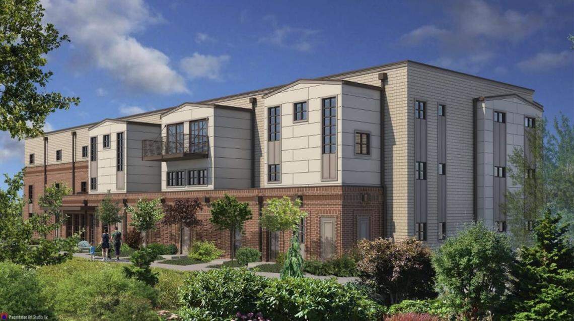 A concept rendering shows the northeast view of Phase 1 of the “Fairhaven Center,” a housing and commercial development project.