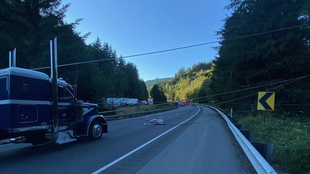 he freeway at North Lake Samish Road was blocked due to a power line pole snapping, causing the power lines to fall onto the road.