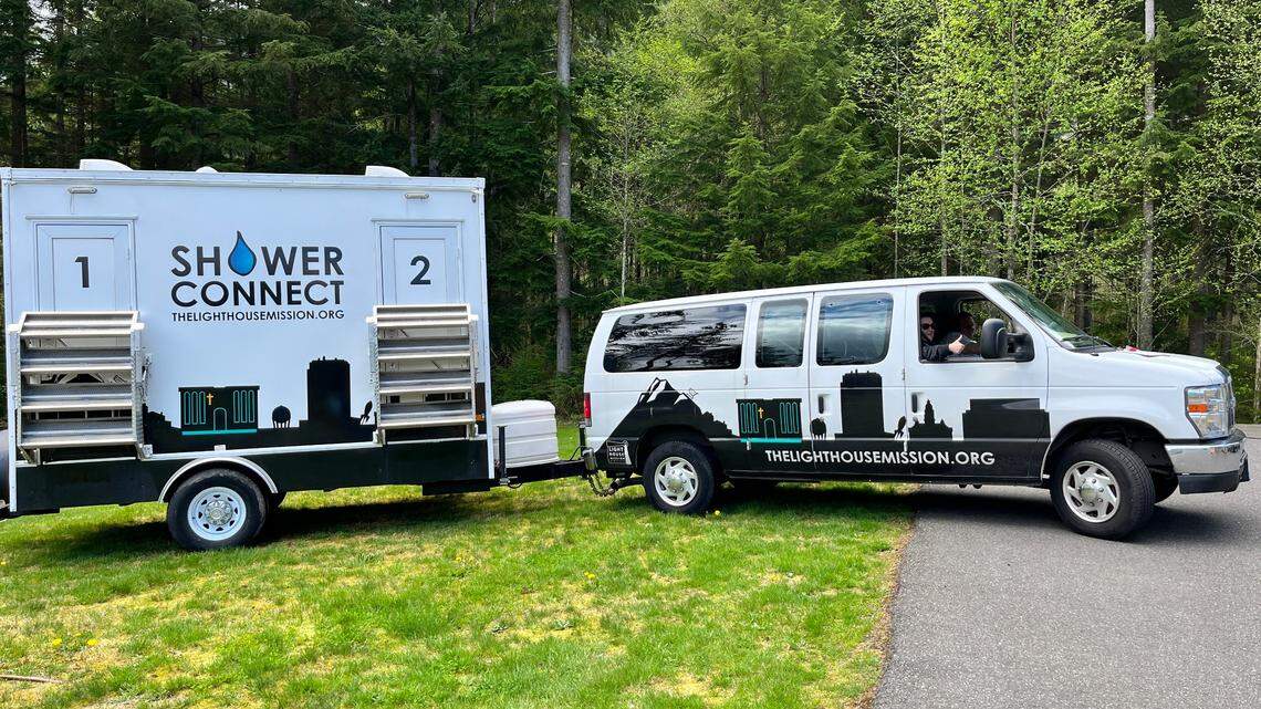 The Lighthouse Mission’s mobile shower trailer can be hauled to different locations. The program helps unhoused people get clean and also serves as an outreach opportunity.