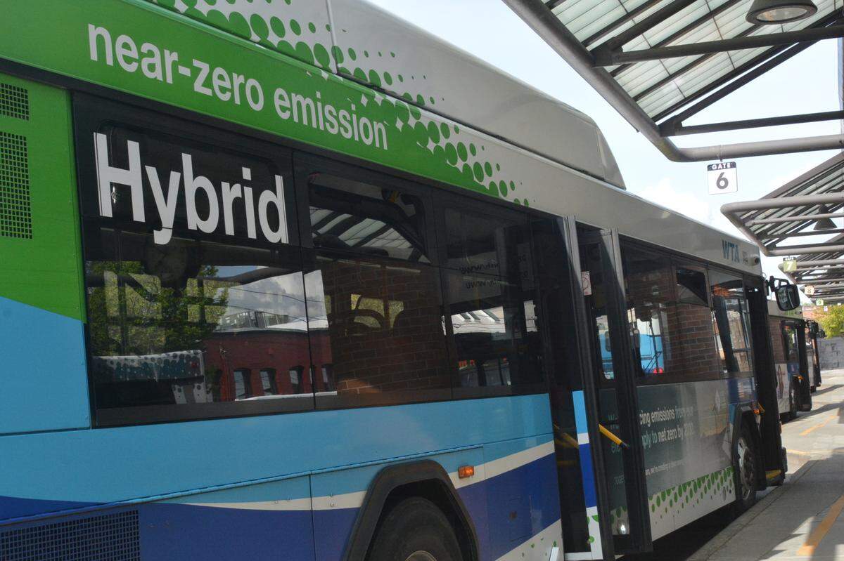 A Whatcom Transportation Authority hybrid bus arrives at the downtown transit station on May 17 in Bellingham.