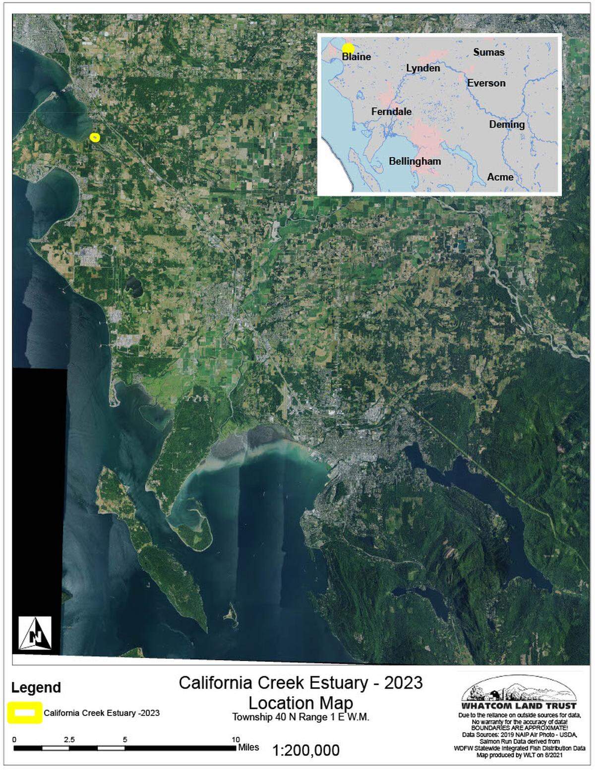 A Whatcom Land Trust map shows the location of the California Creek Estuary at the southeast end of Drayton Harbor, an inlet off the Salish Sea south of Blaine, Wash.