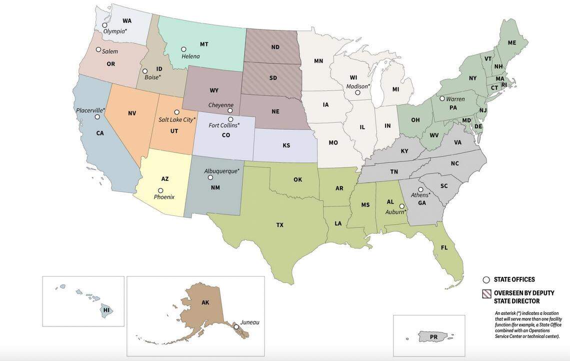 The U.S. Forest Service is realigning its organizational structure. An asterisk indicates a location that will serve more than one facility function.
