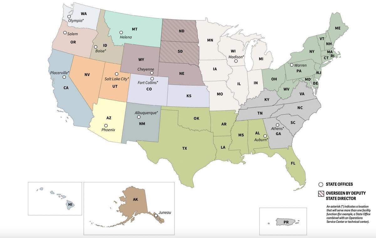 The U.S. Forest Service is realigning its organizational structure. An asterisk indicates a location that will serve more than one facility function.