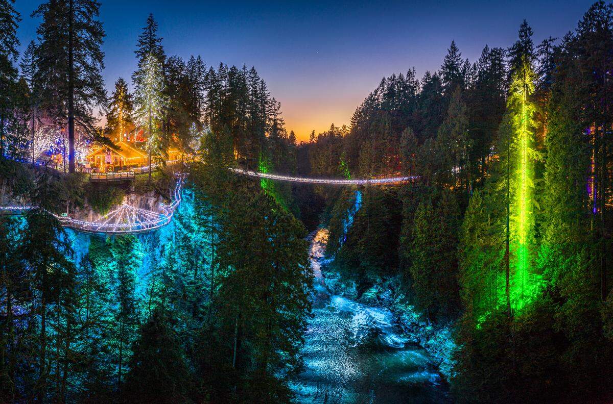 The suspension bridge at Canyon Lights Capilano Suspension Bridge Park in Vancouver, BC.