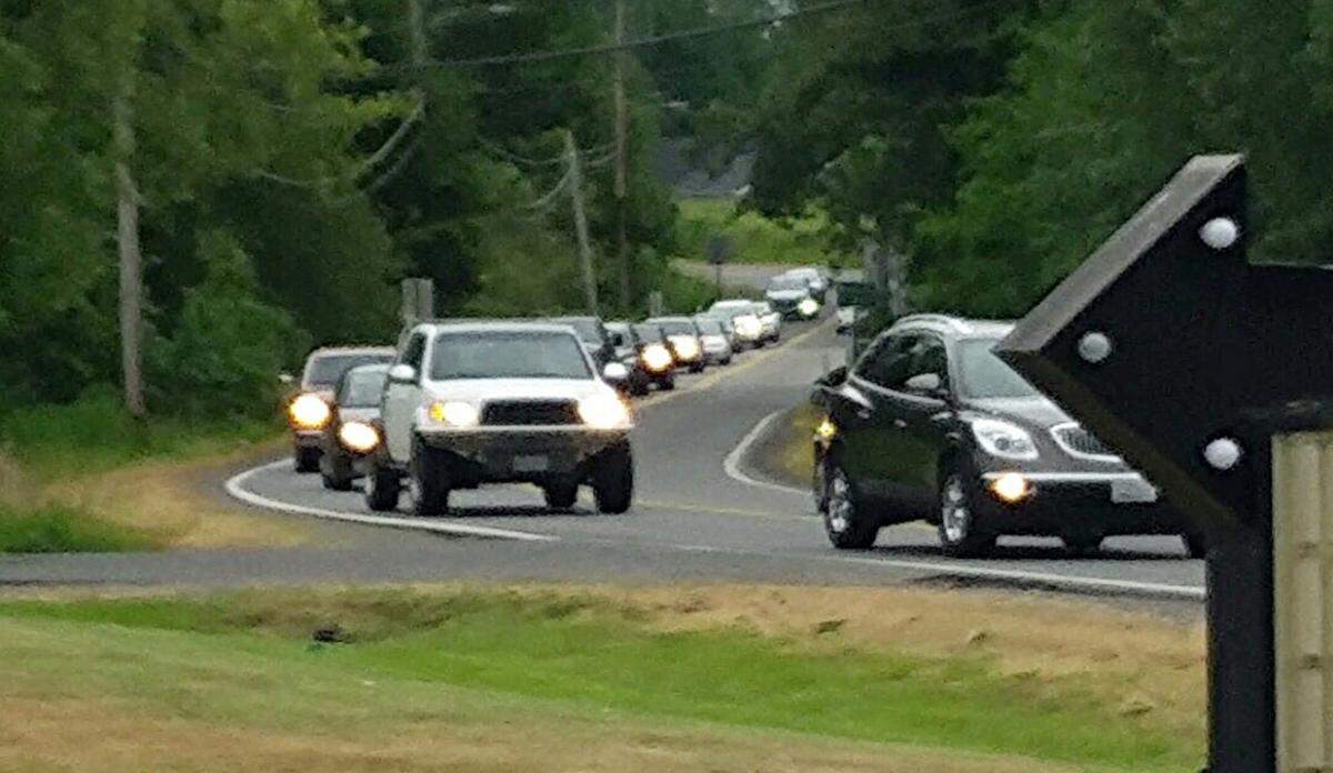 A long line of cars snakes along  Blaine Road south of the Dakota Creek bridge in an undated handout photo taken during a weekday morning commute.