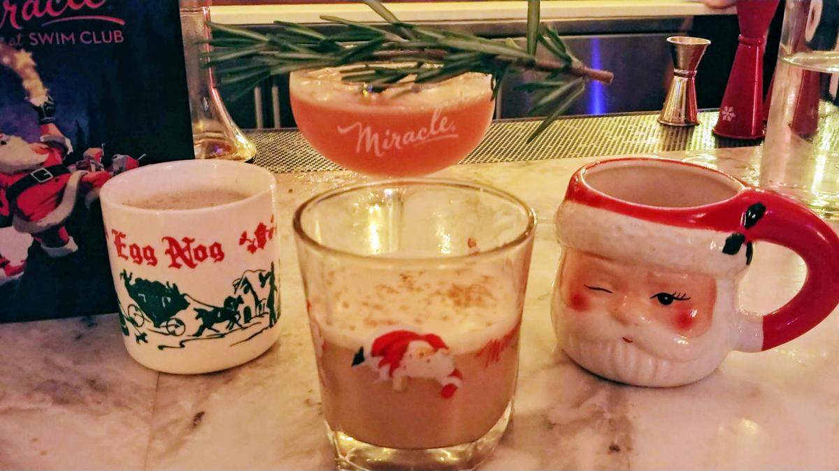 Miracle Pop-Up Holiday Bar at Swim Club in Fairhaven offers holiday drinks, including Jingle Balls Nog, left.