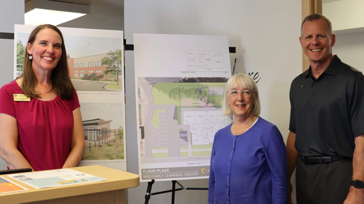 Senator Patty Murray stands with Superintendent James Everett and Lynette Brower, director of the Northwest Career and Technical Academy on Monday, August 7, 2023.
